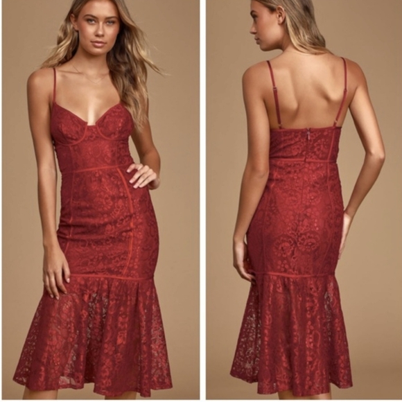 Lulus Lace Spaghetti Strace Dress NEW Womens Medium Red Lace Midi Sheath - Picture 1 of 13